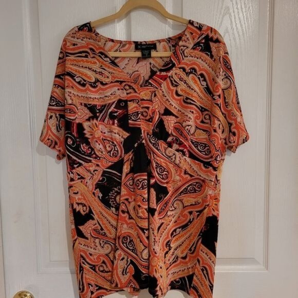 INC Top Blouse Paisley Print 1X Fall Winter Brown Orange 1XL Women's Work Career - Picture 1 of 7